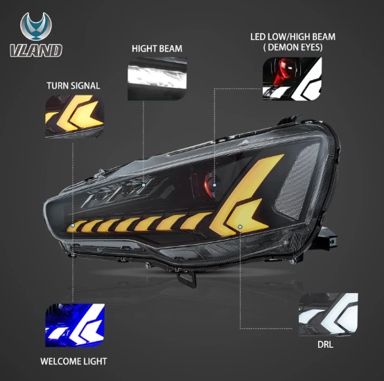 Lupas/focos delanteros VLAND con proyecctor de doble haz y demon eye, Mitsubishi Lancer 2008-2017 / EVO X.