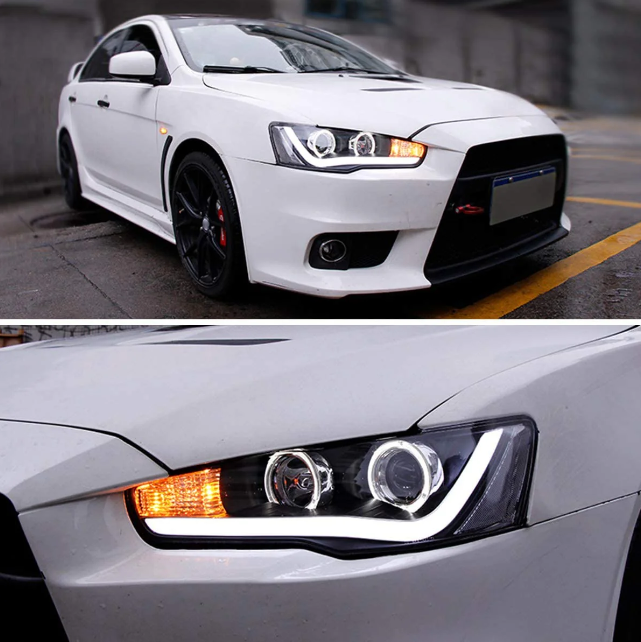 Lupas/focos delanteros VLAND negros, Mitsubishi Lancer 9 Gen / EVO X 2008-2017.