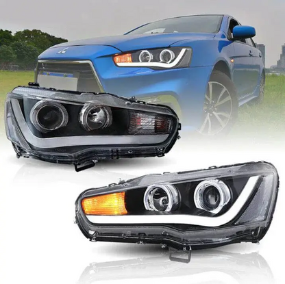 Lupas/focos delanteros VLAND negros, Mitsubishi Lancer 9 Gen / EVO X 2008-2017.