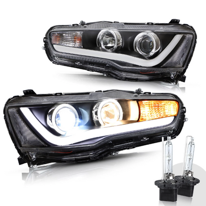 Lupas/focos delanteros VLAND negros, Mitsubishi Lancer 9 Gen / EVO X 2008-2017.